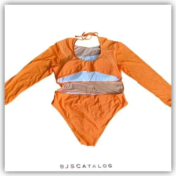 NEW Plus Size Solid Orange Long Sleeves One Piece Swimsuit - Size 3XL